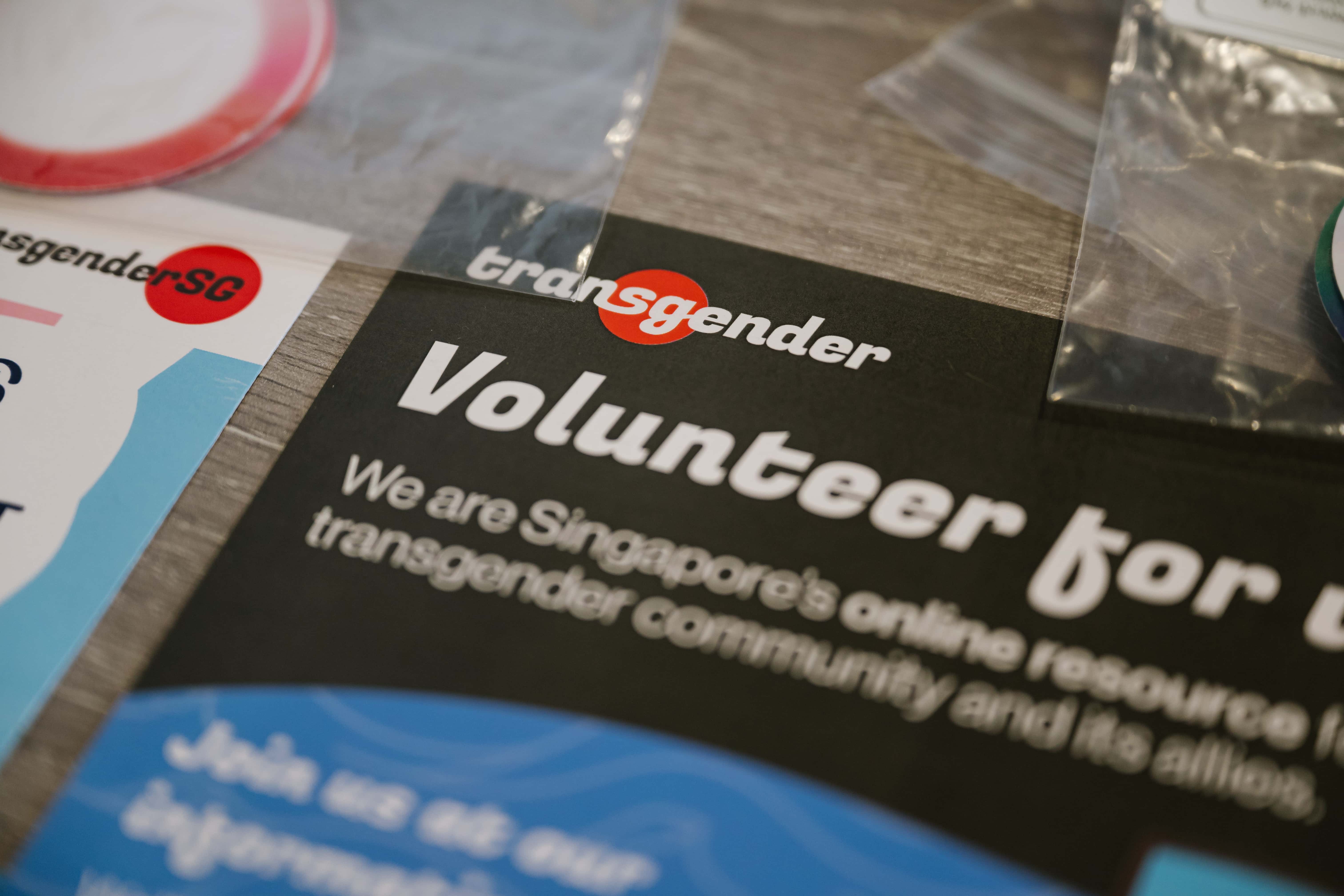 A TransgenderSG pamphlet with a heading text 'Volunteer' in focus